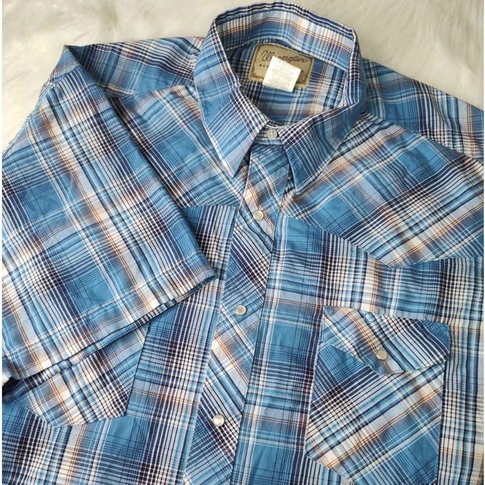 Wrangler Western Shirt Mens 2XL Blue Plaid Short Sleeve Pearl Snap WM244BL